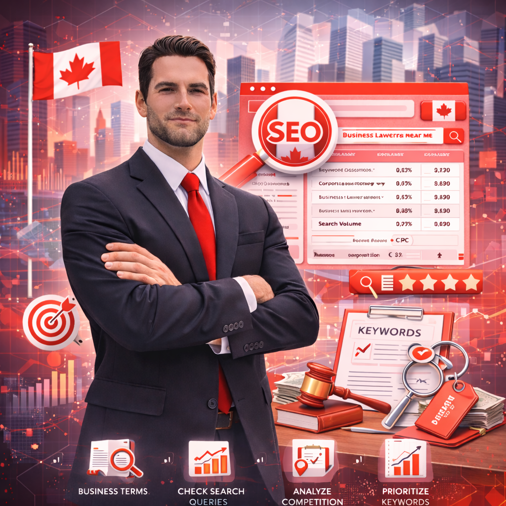 Corporate lawyer in Canada with SEO dashboard, keyword research report, gavel, and analytics icons representing advanced keyword research strategies for corporate law SEO.