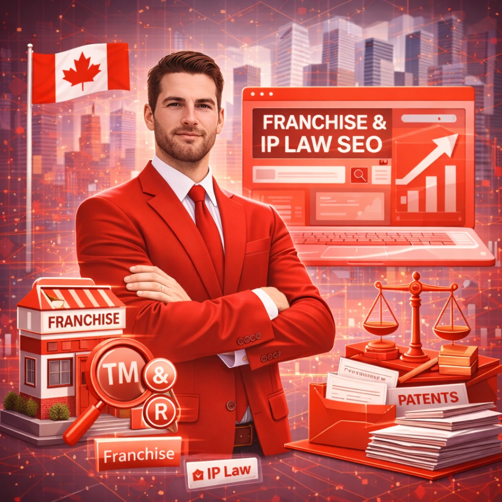 Canadian franchise and IP lawyer in red suit with trademark symbols, franchise business model, legal scales, and SEO growth dashboard representing franchise and intellectual property law SEO in Canada.