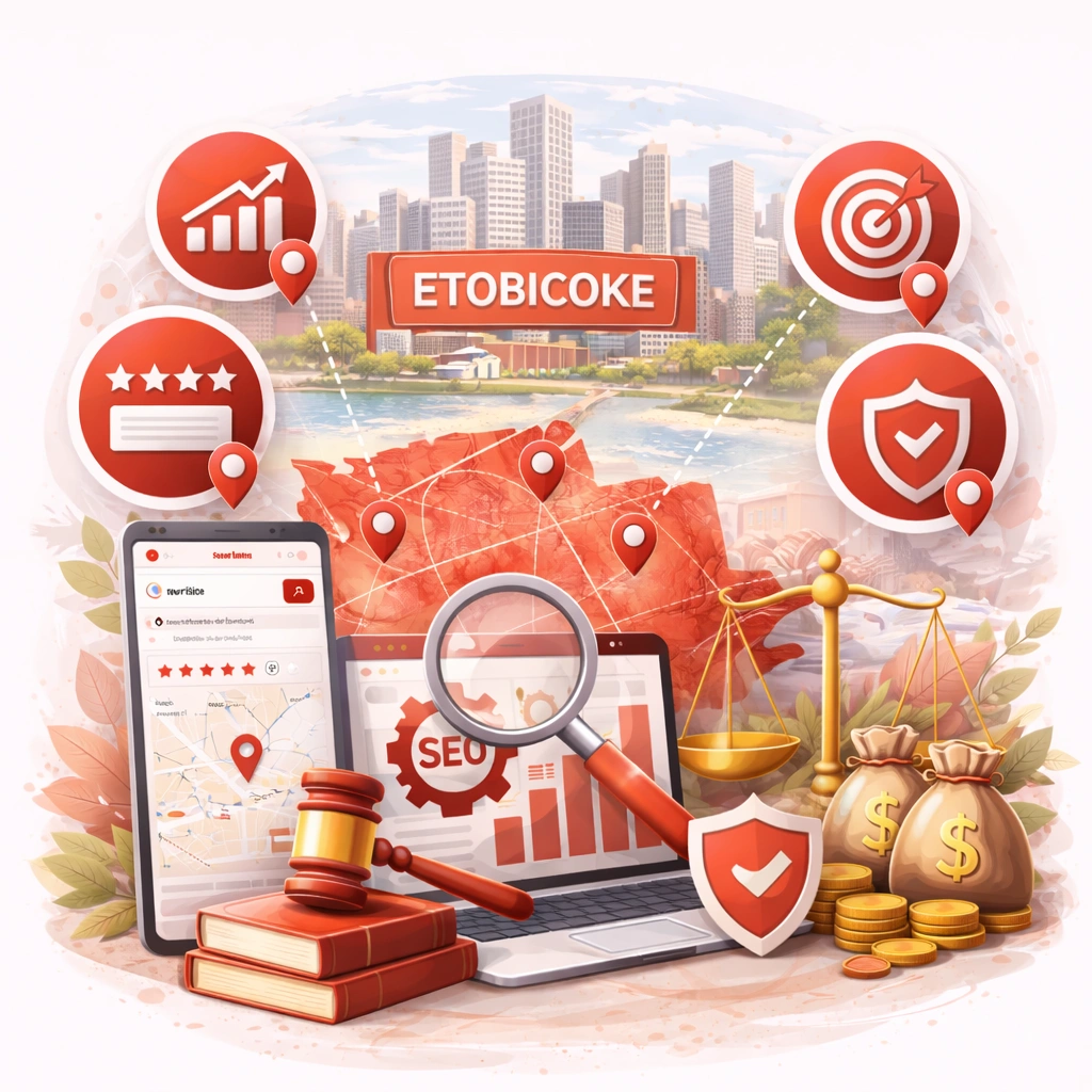 Vector illustration showing Etobicoke’s skyline with SEO and legal elements including a laptop with analytics, magnifying glass, scales of justice, gavel, shield, and location map representing SEO strategies for law firms competing in Etobicoke’s local market.