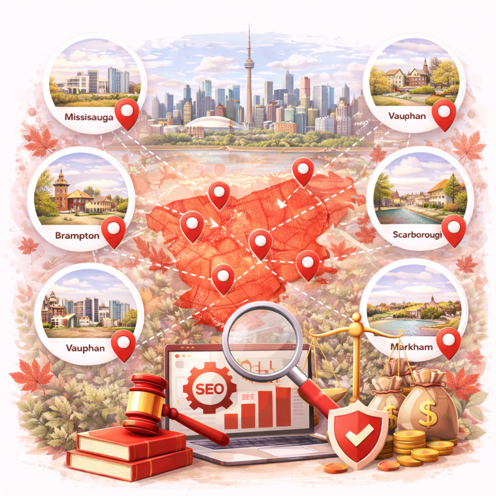 Vector illustration of a red map of the Greater Toronto Area (GTA) with location pins highlighting Mississauga, Vaughan, Brampton, Scarborough, North York, and Markham. The design features Toronto’s skyline with the CN Tower, along with SEO and legal symbols like a gavel, magnifying glass, scales of justice, and laptop analytics.
