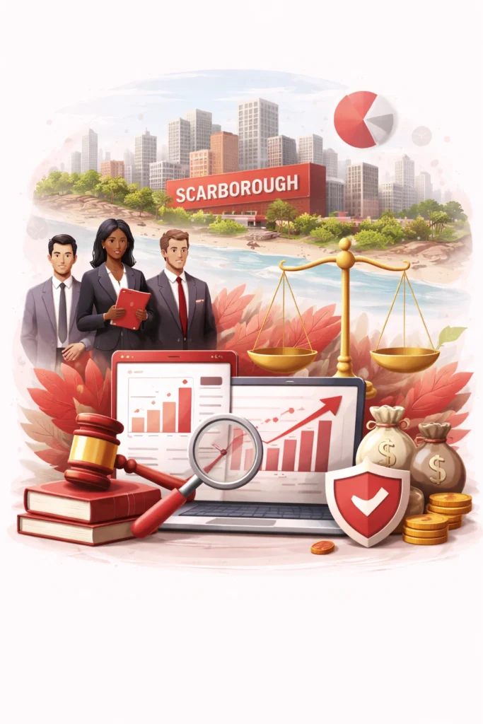 Vector illustration showing Scarborough’s skyline and legal professionals with justice scales, gavel, magnifying glass, coins, and upward charts — symbolizing competition and growth in Scarborough’s diverse legal market.