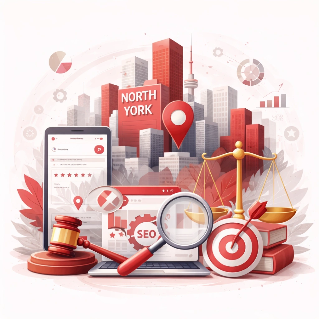 Modern vector illustration of North York’s skyline with legal and SEO icons including scales of justice, gavel, magnifying glass, target, and smartphone search results — symbolizing law firms dominating local search in North York’s competitive legal market.