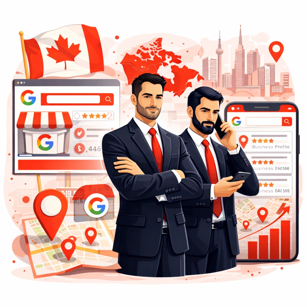 Two professional male lawyers in red ties analyzing Google Business Profile listings, local map pins, and SEO growth charts with Toronto skyline and Canada map representing local pack SEO success.