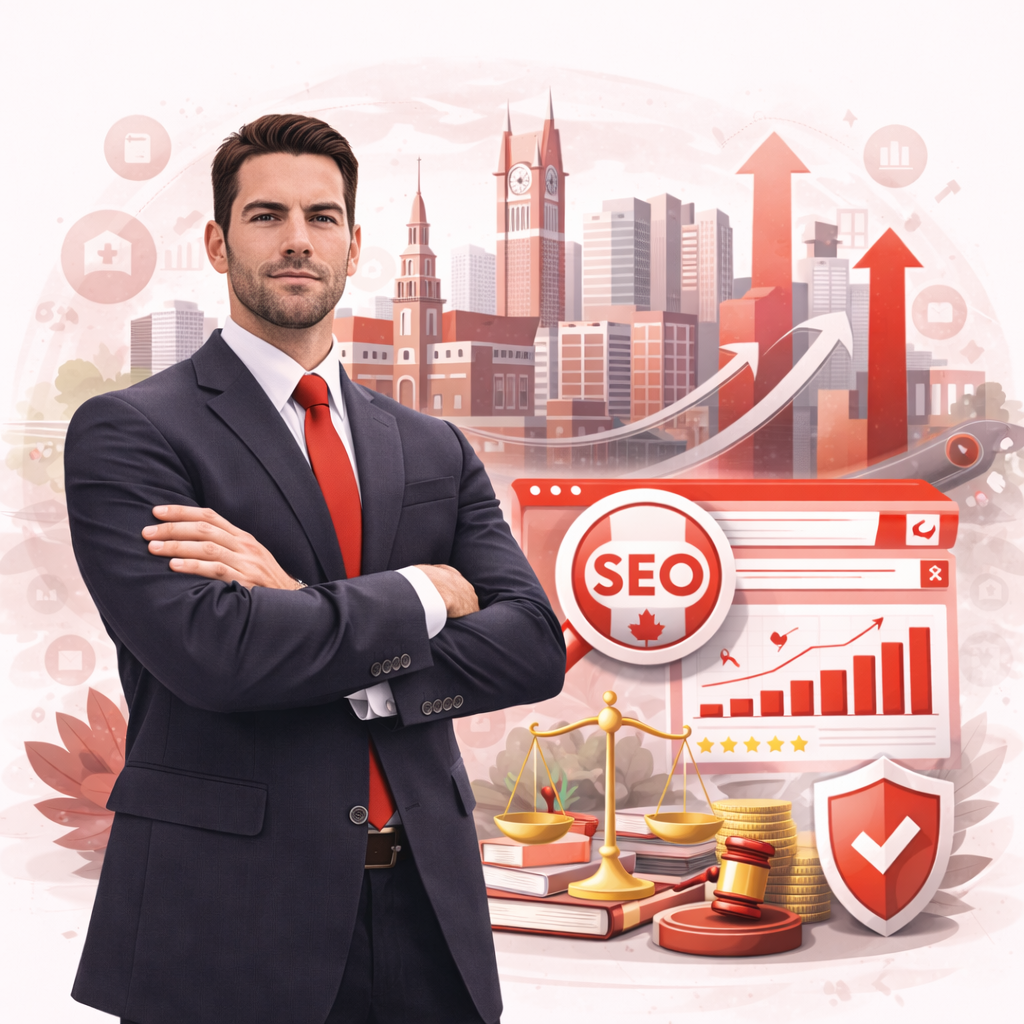 Confident male lawyer in red tie with Brampton skyline, SEO dashboard, growth chart, magnifying glass, scales of justice, gavel, and shield in red theme