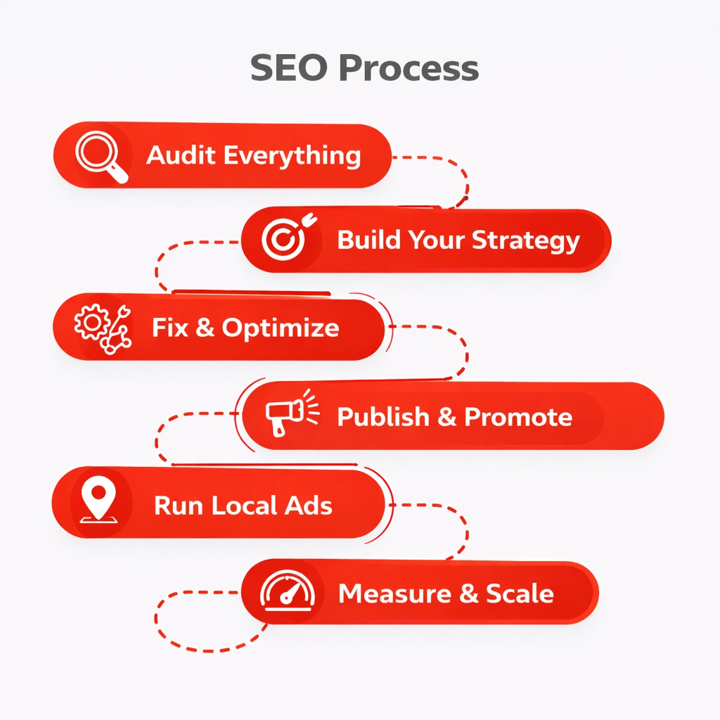 Visual infographic showing a step-by-step SEO process including audit, strategy building, optimization, promotion, local ads, and performance scaling