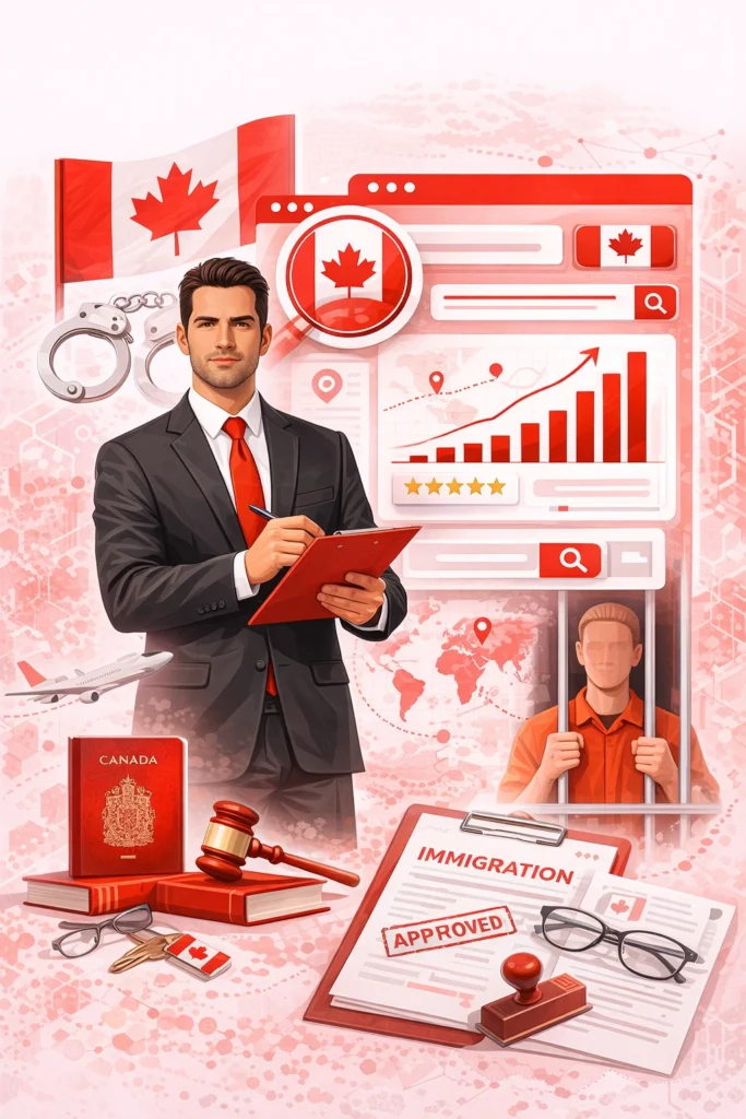 Front-facing male immigration lawyer with Canadian flag, SEO analytics dashboard, and approved visa documents in red theme