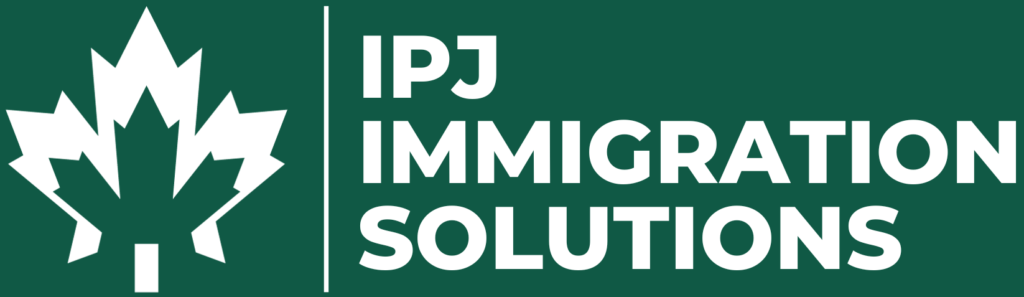 IPJ Immigration Solutions logo with maple leaf icon on green background