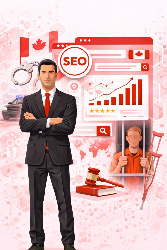 Front-facing criminal defense lawyer with SEO analytics dashboard and Canadian justice symbols in red theme