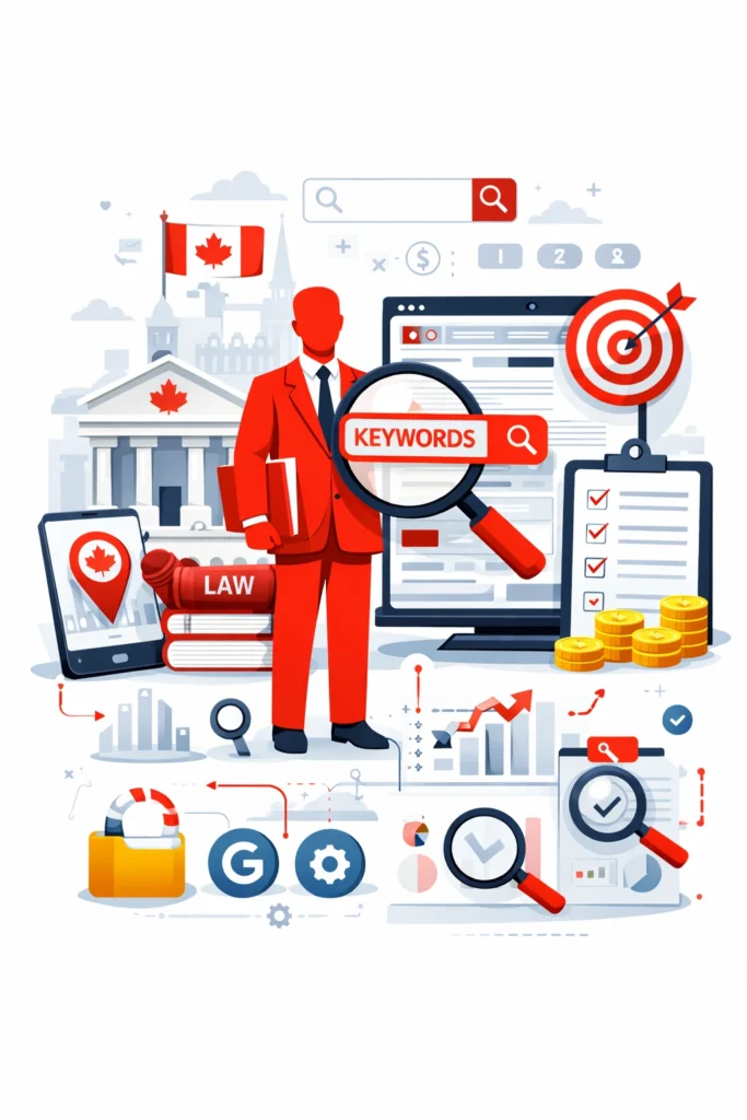 Civil litigation lawyer analyzing keywords with magnifying glass, SEO dashboard, courthouse, and Canadian symbols representing keyword research for law firm SEO in Canada
