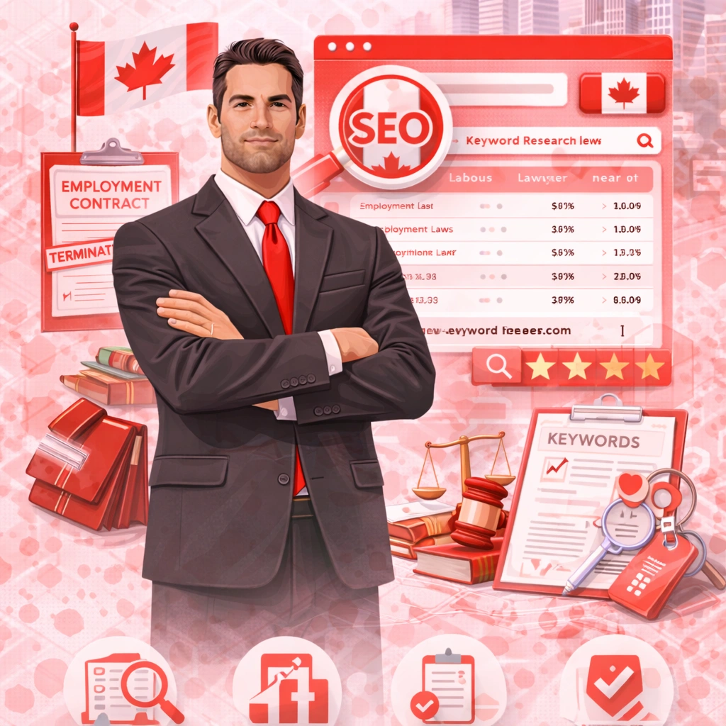 Front-facing male employment lawyer with Canadian flag, keyword research dashboard, magnifying glass, and SEO analytics in red theme
