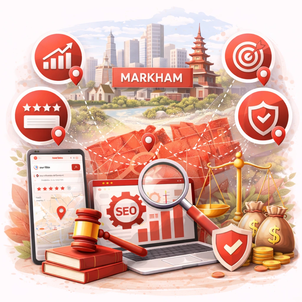 Vector illustration showing Markham’s skyline with a mix of traditional and modern buildings, accompanied by SEO and legal symbols — including a laptop with analytics, magnifying glass, scales of justice, gavel, coins, and shield icons — representing law firm SEO in Markham’s competitive and diverse legal market.