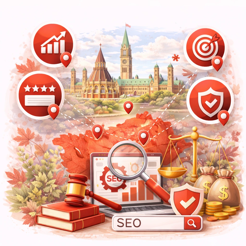 Vector illustration showing Ottawa’s skyline with Parliament Hill and legal SEO elements — including a laptop with analytics, magnifying glass, gavel, scales of justice, coins, and map pins — symbolizing law firm SEO in Ottawa’s competitive and unique legal market.