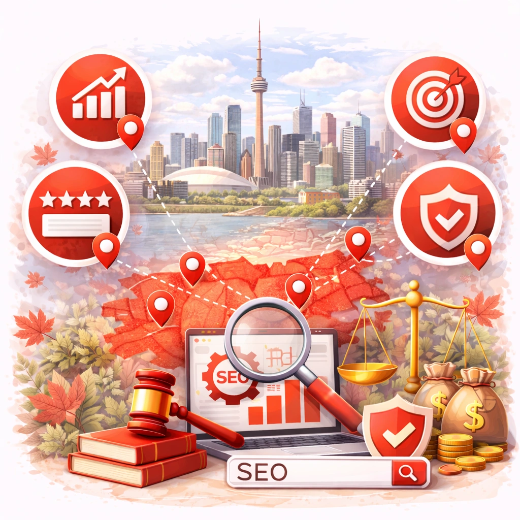 Vector illustration showing Toronto’s skyline with the CN Tower and legal SEO symbols including laptop analytics, magnifying glass, scales of justice, gavel, and map pins representing SEO strategies for law firms competing in the Greater Toronto Area’s aggressive legal market.