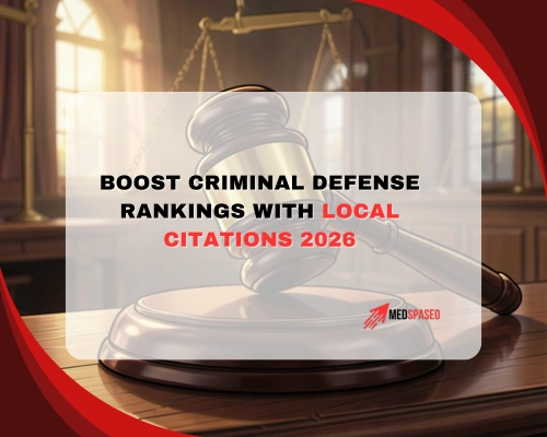 Judge’s gavel on a courtroom desk with scales of justice in the background and red branded design elements, representing local citation SEO strategy for criminal defense law firms in 2026.