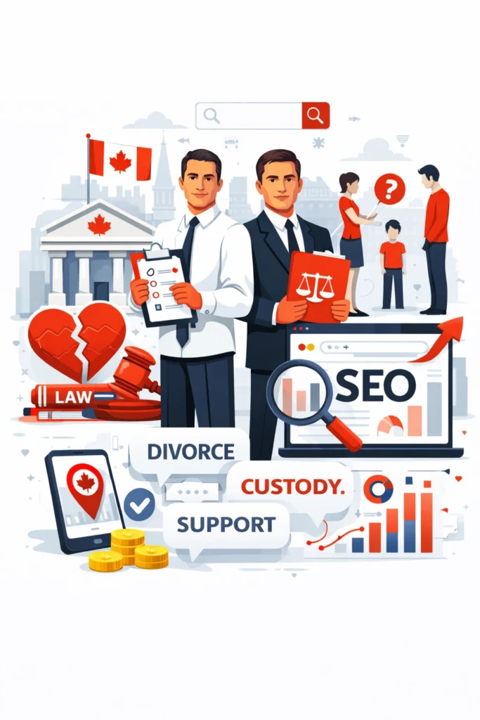 Two male family and divorce lawyers standing in front of a Canadian courthouse with SEO analytics, legal symbols, and divorce-related icons, representing multi-location and enterprise-level law firm SEO strategies in Canada