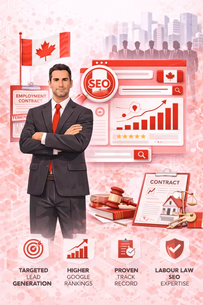 Front-facing male employment lawyer with Canadian flag, legal contract, gavel, and SEO analytics dashboard in red theme