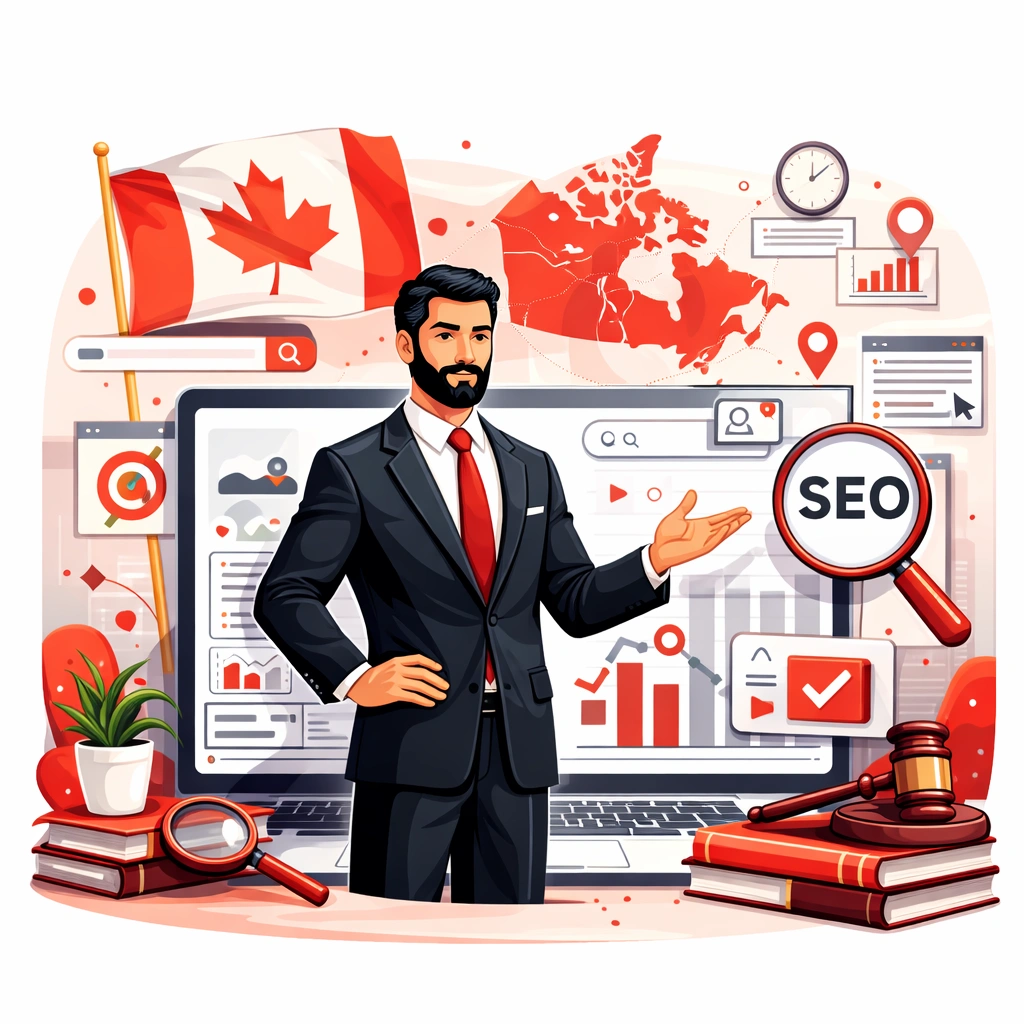 Male lawyer presenting search engine optimization performance for legal services across Canada with analytics and legal symbols