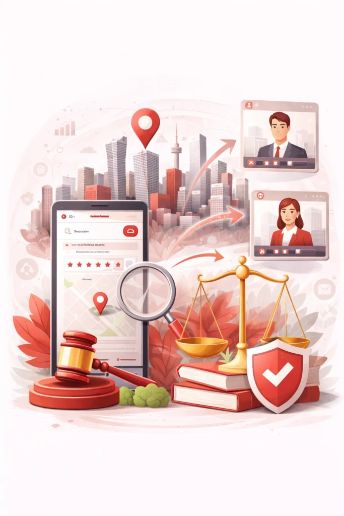 Toronto skyline with mobile local search interface, magnifying glass, law gavel, justice scale, shield badge, and SEO arrows converting traffic into legal consultations
