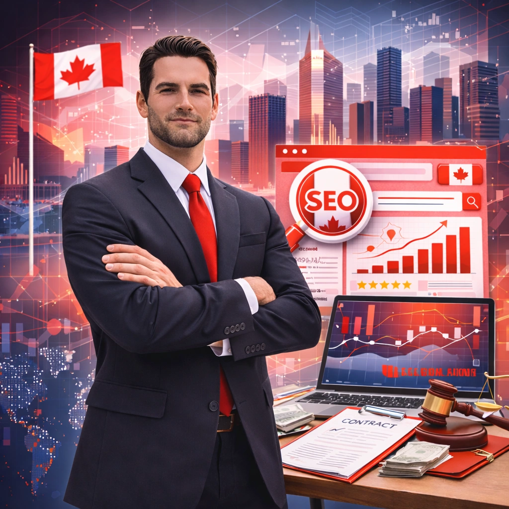 Front-facing corporate lawyer with SEO analytics dashboard, financial growth charts, Canadian flag, and legal contract in red theme