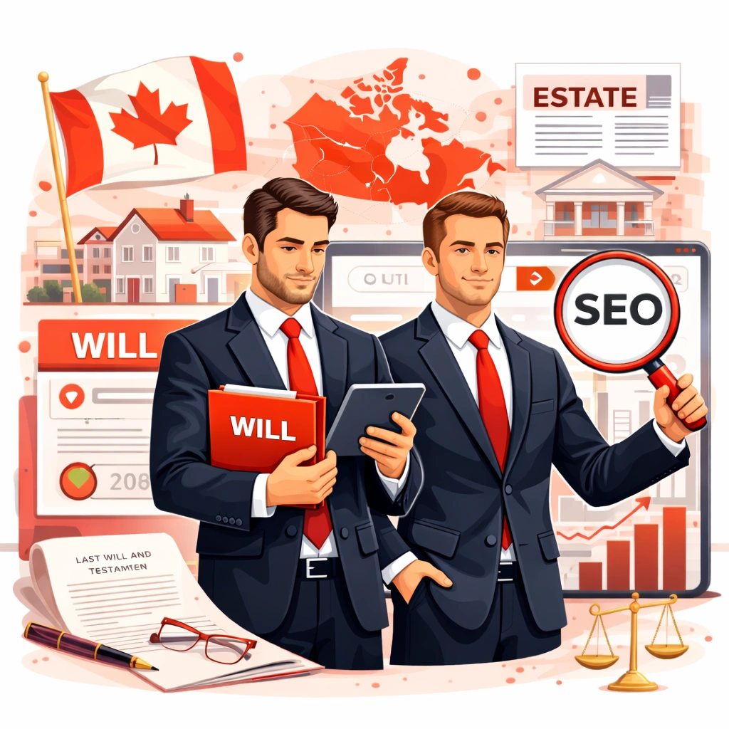 Two professional wills and estates lawyers reviewing will documents and SEO analytics with Canada map, legal symbols, and growth charts representing estate law SEO in Canada.