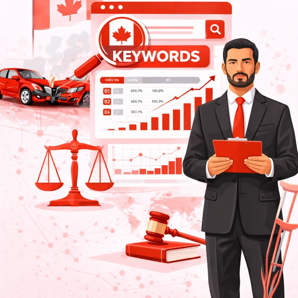 Front-facing male lawyer analyzing keyword research data and SEO performance metrics for Canadian personal injury law firms